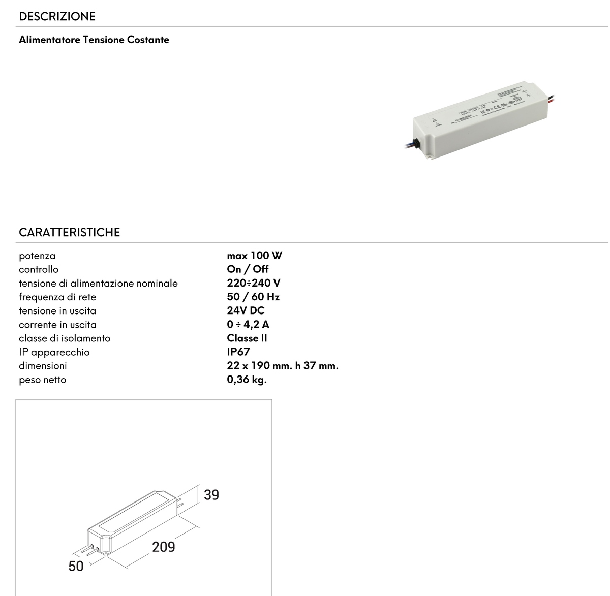 ALIMENTATORE A TENSIONE COSTANTE 100W 24V IP67, Trasformatori e  Alimentatori IP